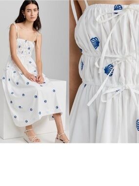 En Saison White Midi Dress with Blue Shell Embroidery